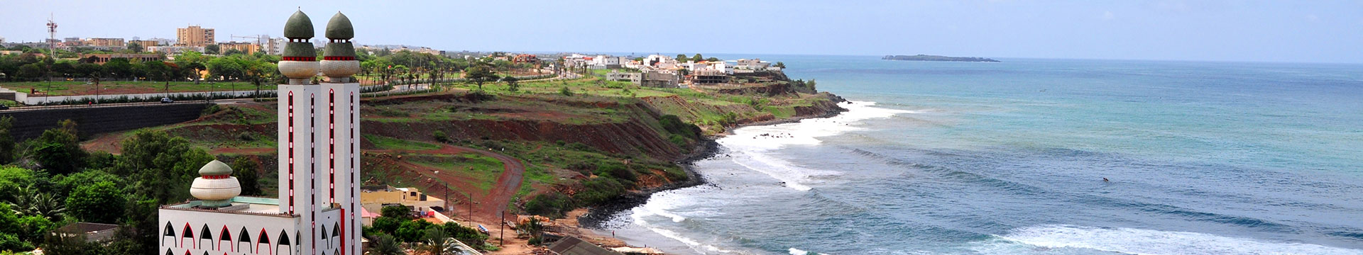 The View of the Atlantic Mosque (Mosque of the Divinity) in Dakar, Senegal and the shoreline