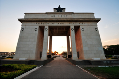 Frontal view of Independence Black Square Arch in Accra during a sunset