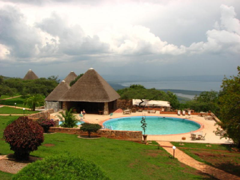 Outdoor pool area of Akegera Game Lodge