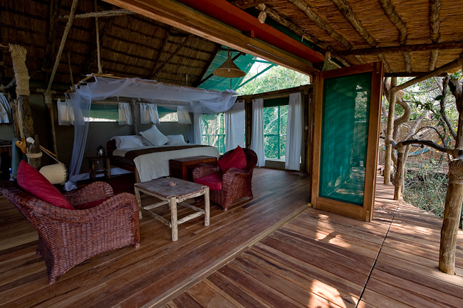 Tented lodge room with one bed