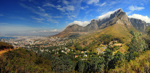 View of a town at the foot of a mountain