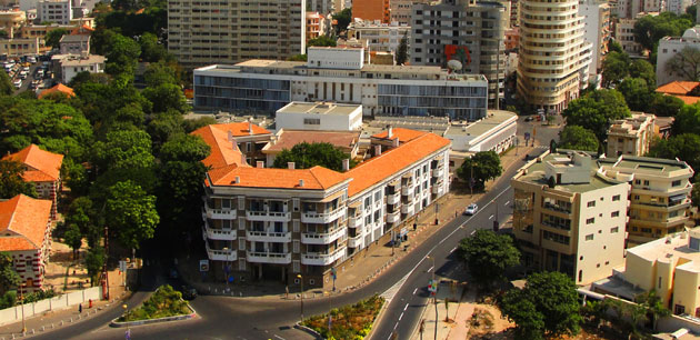 Aerial view of a white and orange building